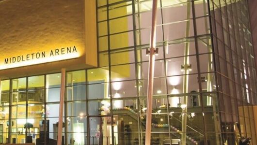 The exterior of Middleton Arena at night