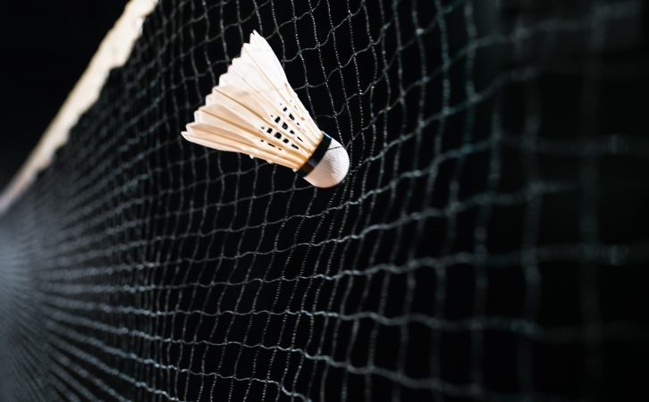 A shuttlecock hits a badminton net