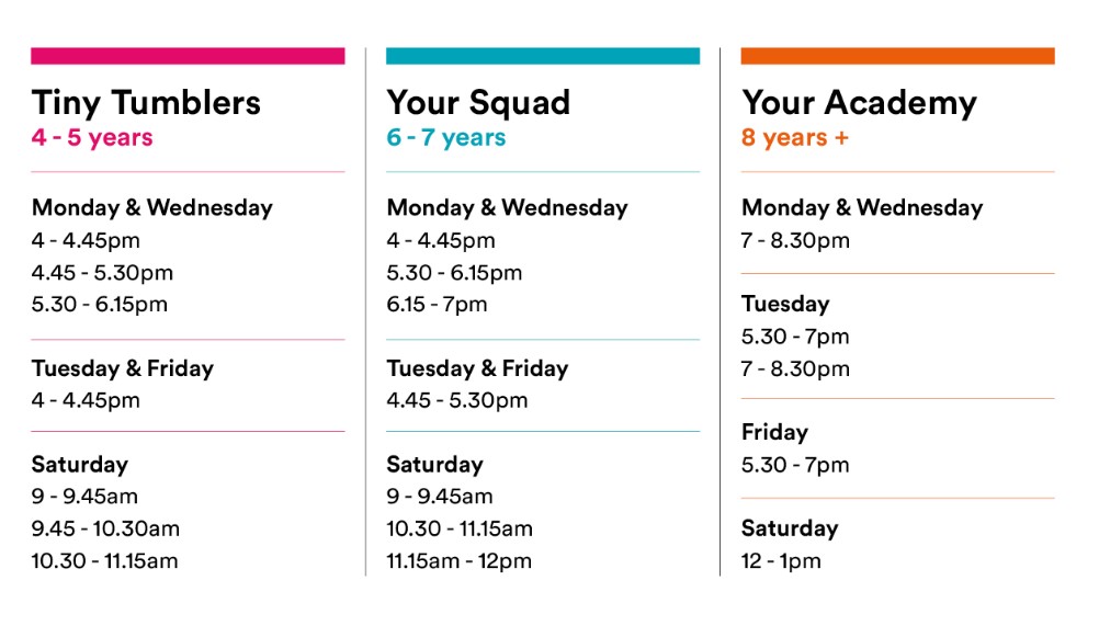 Current Your Gymnastics timetable