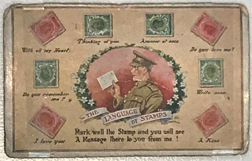 What's Changed? 25. ‘The Language of Stamps’ postcard sent during the First World War, 1918