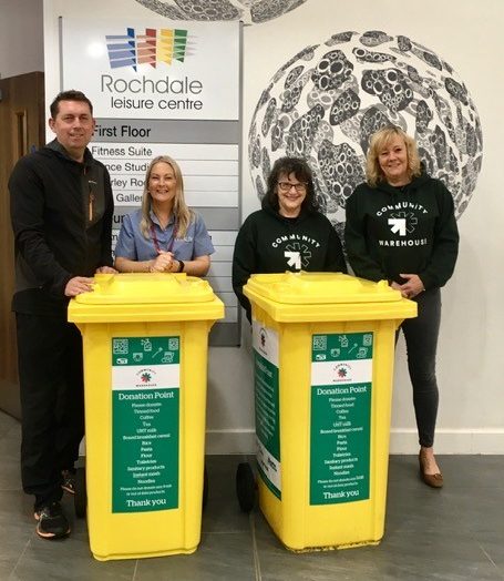 Staff from Your Trust and the borough's Community Warehouse stand behind yellow bins that are in place at the leisure centres to collect donations of tinned, boxed and dried food as well as toiletries and baby products. Donations will support residents in the borough who need it the most.