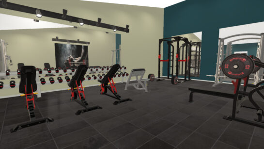 CGI image of the new gym at littleborough Sports Centre to be installed following an £18,000 investment. The image gives an artists impression of the layout of the new strength equipment area and show free weights benches and a squat rack